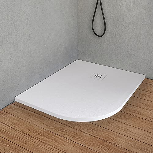 Inbagno Piatto Doccia semicircolare Destro 80x100 in Resina Bianco Effetto Pietra, Ultra Slim e Antibatterico, riducibile su Misura, griglia di Scarico Reversibile, Loren