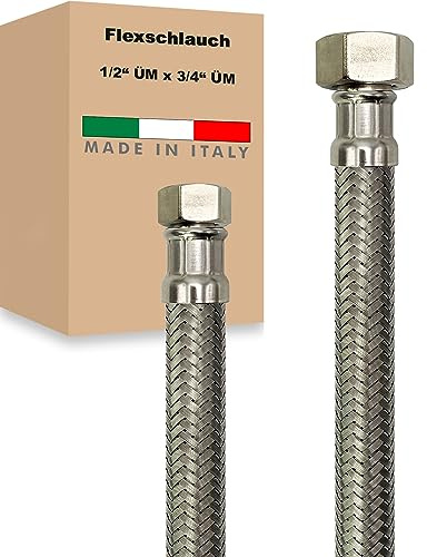 Flexschlauch ÜM x ÜM Edelstahl Panzerschlauch Anschlußschlauch Sanitär Armaturenschlauch Hauswasserwerk Made in Italy (1/2 x 3/4 - 2000 mm)