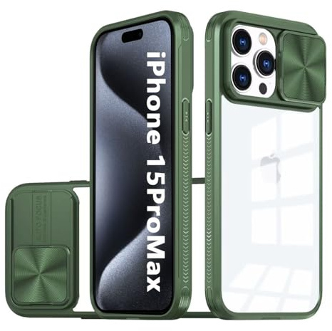 LIUKM Cover per iPhone 15 Pro Max Custodia, Scorrevole Protezione Fotocamera Ultra Sottile Leggero Hard PC Back Cover e TPU Bumper Protettiva Case [Antiurto Antiscivolo AntiGraffio] - Verde scuro