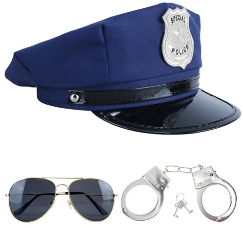 Makone Polizei Kostüm Dreiteiliges Set: Polizei Mütze, Schirme, Handschellen - Echt Stahl, Police Costume für Frau oder Mann - Halloween Kostüme (Blau, Schwarz)