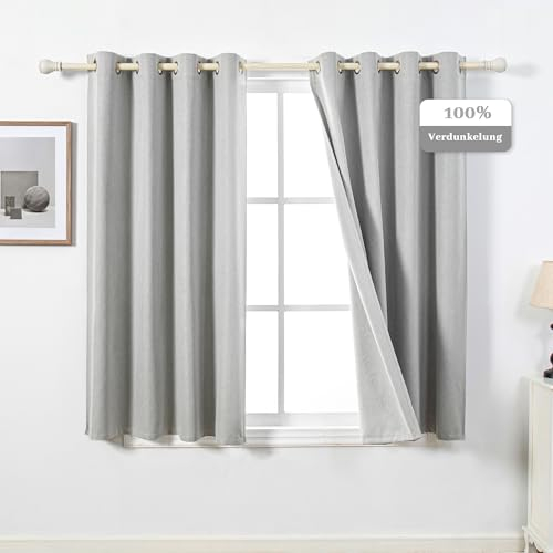 MYSKY HOME Gardinen Weiss Verdunkelungsvorhang mit Ösen Schlafzimmer Wärmeisolierter 2er-Set Gardine Kurz Verdunkelungsvorhänge Durchgängen Beschichtung Sonnenschutz, H160xB130cm, Grau-Weiß