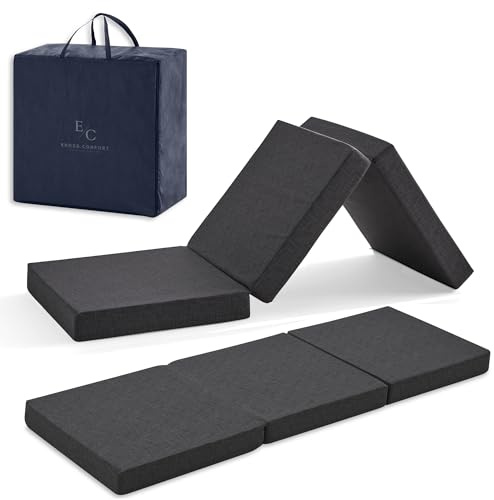 ErossConfort Klappmatratze, 65 x 195 cm, HD-Schaumkern, waschbarer Bezug, faltbar, für Reisen, Camping, Wohnwagen, extra atmungsaktiv, Höhe 10 cm, Schwarz. Mit Tasche und Kissen.