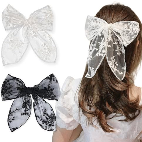 KSJEHW 2 Stücke Spitzen-Haarschleifen-Clips für Frauen Große Weiße Haarbänder Niedliche Tüll-Schleifenspangen Schleife ästhetische Clips Haarschmuck für Frauen Mädchen Braut(Schwarz, Weiß