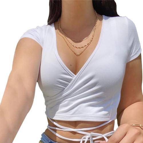 EMOTTOS Camisetas Mujer Top, Camisetade Manga Corta Y2K Cuello en V Lazo Delantero, Crop Tops de Verano Basica Camiseta Ajustada Casual para Mujeres, Blanco M