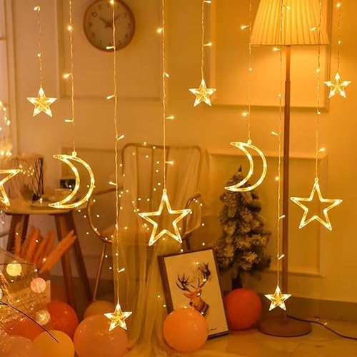 Ausolee Lichterkette Sterne, 12-Sterne Vorhang, Stern Mond LED Fee Lampe, LED Vorhang Licht String, IP65 wasserdicht, Warme weiße Fee Lampe, Kinderzimmer Batterie, Schlafzimmer, Hochzeit, Garten