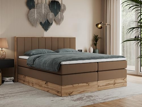 MKS MEBLE King Boxspringbett 180x200 mit Bettkasten Eiche, Polsterbett 180x200 mit Matratze H4, Bett 180x200 mit Rahmen in Wotan Eiche und Kopfteil - Braun Kunstleder - Bellissimo King
