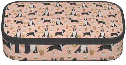 YounPrenG Federmäppchen, bedrucktes Federmäppchen mit großer Kapazität, Federtasche, Bleistifthalter für Büro und Schule,Bull Terrier Coffee Cafe Hunderasse Blush