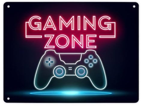 Gaming Zone Controller Fußmatte in Metallschild XL in 21x28 cm Schriftzug und Controller - In modernem Blauton mit dunklem Hintergrund