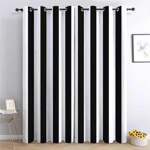 Schwarz-Weiß Gestreiftes Design Blickdichte Verdunkelungsvorhänge Schwarz Und Weiß, 2er Set Thermoisolierte Ösenvorhänge H166 x B75 cm, Waschbarer Polyester Vorhang für Schlafzimmer & Kinderzimmer