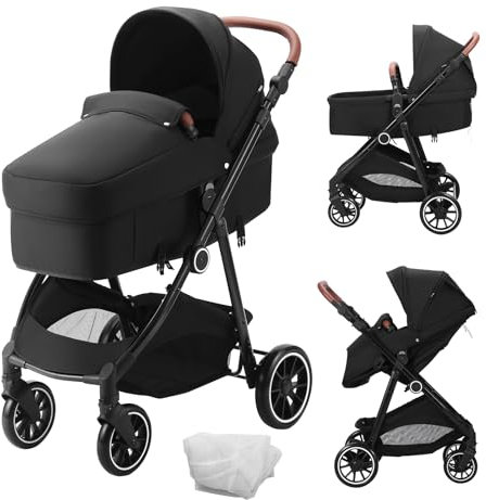 VEVOR Standard-Kinderwagen Kinderbuggy mit Babywanne verstellbarer Rückenlehne mit 3. Gang und klappbarem und umkehrbarem Sitz Buggy für Neugeborene aus Karbonstahl mit Beinabdeckung und Netz Schwarz