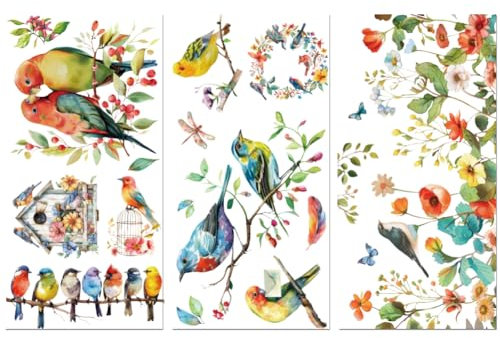 Peacoblue UV DTF Rub-On Transferfolie Möbel-Sticker Vögel und Blumen Muster 15x30cm, 3 Stk. Wasserfeste Deko-Transferaufkleber für Möbel Glas Gläser Porzellan Wäscheschränke Kommoden Holz Kunststoff