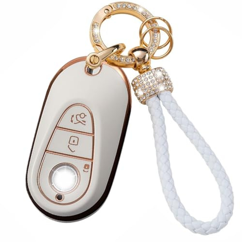KULCSOK Schlüsselanhänger-Hülle, kompatibel mit Mercedes C-Klasse S-Klasse MB GLC EQS EQE 300 350 450 500 560 580 2020-2024, TPU-Schlüsselhülle, glitzernd, Schlüsselanhänger, 3 Tasten, A, Weiß