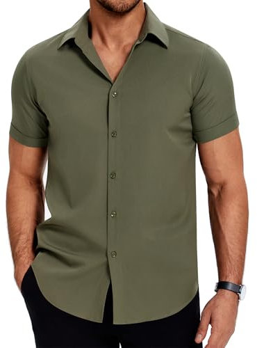 COOFANDY Camisas De Manga Corta para Hombre Camisa Informal Camisa De Ocio De Verano Camisa Trabajo Elástica Camisas Trabajo Sin Plancha Camisa Vacaciones Básica Verde Militar XL