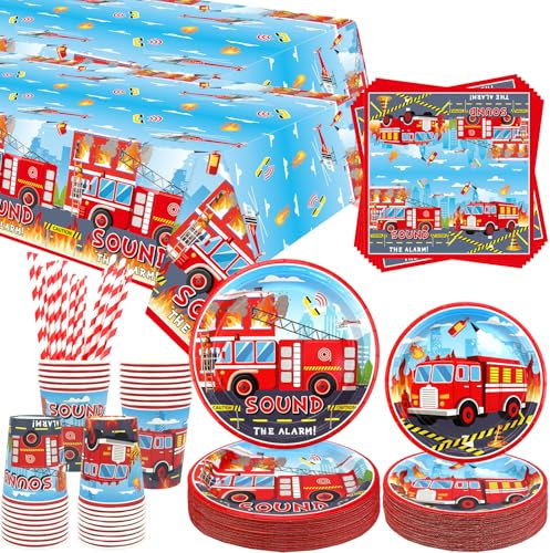 Fournitures de fête camion de pompier camion de pompier fête vaisselle dîner assiettes dessert assiettes tasses serviettes nappe pailles pour camion bébé douche accessoires servis 40 (40)