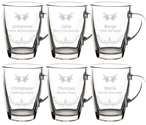 LUXENTU Glasbecher mit personalisierter Gravur, Kaffeebecher 300 ml, Klassischer Becher für Kaffee Tee und Glühwein, Individuelle Lasergravur, Set für Freunde & Familie, Motiv: Glockenkranz, 6 Stück