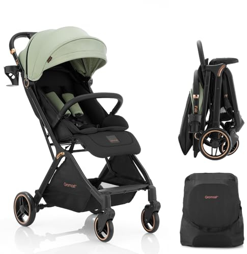 Gromast Gravity Faltbarer Kinderwagen – Tragbarer Reise-Baby-Kleinkinderwagen mit verstellbarer Rückenlehne und Baldachin, leicht und UV-geschützt, automatisch mit einer Hand zusammenklappbar – Grün