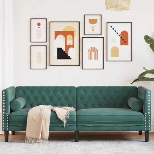 Willood 3 Sitzer Sofa Chesterfield Sofa mit Nackenrollen Couch Dunkelgrün Samt