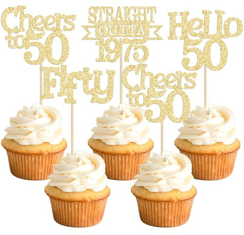 Ephlyn 24Pcs Happy 50th Birthday Cupcake Toppers Glitter Straight Outta 1975 Cupcake Picks Hello 50 Cheers to 50 Years Birthday Cake Decorations for 50th Birthday Anniversary Party Supplies Gold