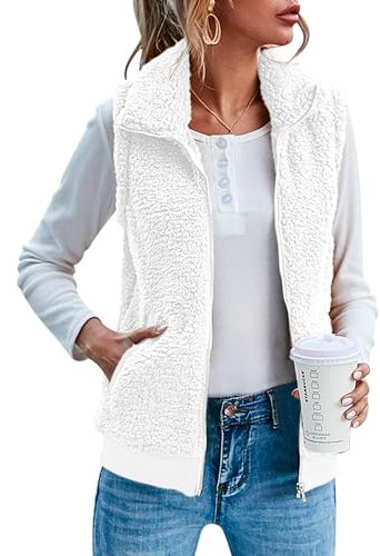 IECCP Gilet in pile da donna UK scaldamuscoli gilet top tinta unita leggero accogliente gilet colletto alla coreana senza maniche con zip gilet con tasche, bianco, L
