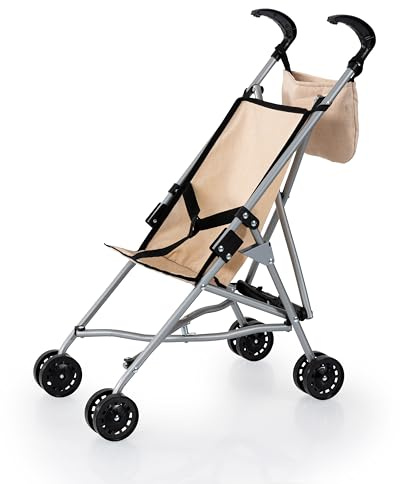 Bayer Design Puppenbuggy mit Tasche, Doppelräder, für Puppen bis 46 cm | faltbar, aus Metall, beige