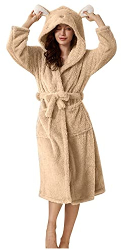 Peignoir à capuche en flanelle double poche 3D pour femme - Doux et chaud - Double face - Pyjama et peignoir pour jacuzzi, kaki, L