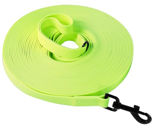 Wasserdicht Schleppleine für Hunde, Schleppleine 5m/10m/15m/20m mit Handgriff und D-Ring, Leicht zu Reinigen Gummierte Hundeleine Trainingsleine für Kleine Mittlere Große Hunde, Neongrün, 20M