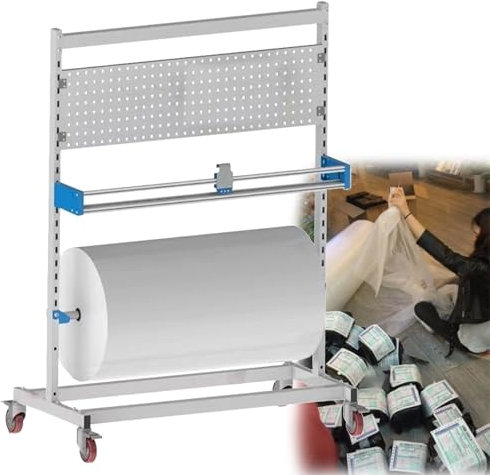 Handabroller für Stretchfolie groß Verpackungsspender für Bis zu 160/130/100 cm Breite Rollen, Schwere Ausführung Packpapier-Schneider mit 2 Bremsrädern, Luftpolsterfolie/Perlbaumwolle/Kraftpapie