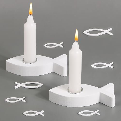 BOFUNX 2er Set Teelichthalter Fisch aus Holz für Kerzen mit Durchmesser 2.3cm Weiß Fische Kerzenhalter mit 30pcs Holzfische Streudeko für Mädchen Junge Taufe Kommunion Konfirmation Tischdeko