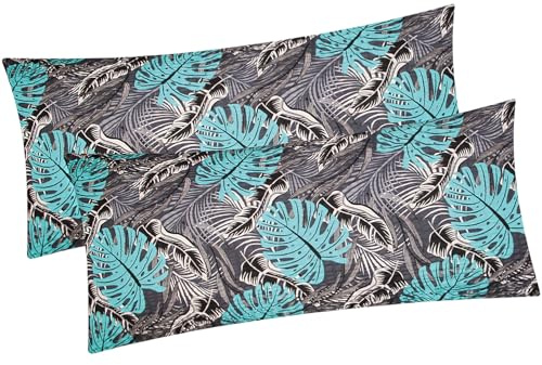 Seersucker Kissenbezug 2er Set 40x80cm Blätter Türkis (EW-630/1-40x80cm) | Kopfkissen-Bezug, Kissenhülle, Doppelpack 100% Baumwolle, Reißverschluss - Modern