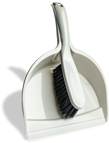 Grey Dustpan and Brush Set - Comfortable Grip Brush Handle and Rubber Lip Pan Keeps Dirt and Dust Contained, Strong and Durable Cleaning Set Ideal for Indoor Kitchen and Outdoor Garden Use