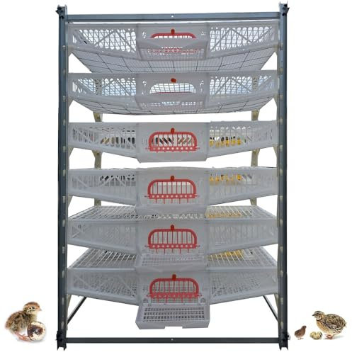 LJBD 6 Lagen Wachtelkäfige Großer Wachtelaufzuchtkäfig mit Wassertrog und Fütterung, 60-70 Wachteln pro Schicht Fütterungsbox Automatische Eiablage Metallrahmen(Color:weiß)