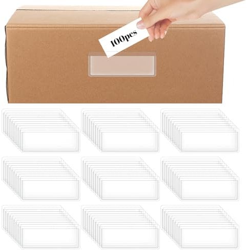 Kifmurase 100 Stück Etikettenhalter Selbstklebend Regaletiketten, 7.5 x 3 cm Beschriftungsfenster Transparent Wasserfest Abnehmbare Klebetaschen für Briefkasten Einkaufszentren Bibliothek