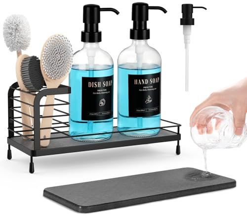 Luxspire Kitchen Soap Dispenser Set - 17oz Hand and Dish Soap Dispenser Set with Fast Drying Tray, Glass Bottle with Waterproof Labels, Kitchen Sink Organizer, Bathroom Countertop Organizer, Black