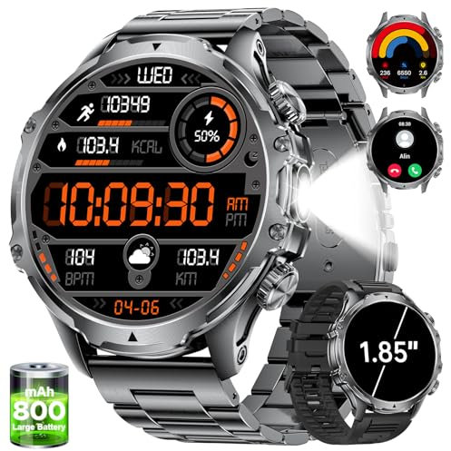 SUNKTA Smartwatch Herren Militär,800 mAh Akku/1,85'' HD-Display-Sportuhr mit Taschenlampe/100+ Sportmodi,IP68 Wasserdicht Fitnessuhr mit Herzfrequenz,SpO2,Schlafmonitor für Android iOS 2 Armbänders