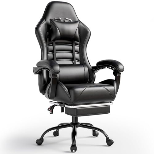 HOTOSYCH Sillas Gaming con Reposapies, Silla Gamer Adulto con Respaldo Lumbar, Silla Escritorio Gaming Ajustable en Altura, Silla Ordenador en Piel Sintética (Cojín Lateral, Negro)