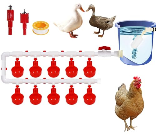 Automatisches Hühnertränkesystem, Komplettes PVC-Rohrset mit 10 Hühnertränkebechern und Schwimmerventil, vollständiges Set, Hühnertränke Automatisch Tränke Hühner, Eimer Nicht im Lieferumfang