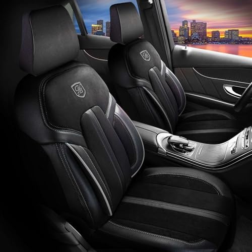 GIOVANNI BUTTI Autositzbezüge Universal für PKW & SUV – Premium Vordersitze Auto Sitzbezug aus Alcantara, Schwarz-Grau, Airbag-Kompatibel Sitzauflage, Autoschonbezug, Vordersitz-Set inkl. Montageset