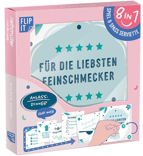 Riethmüller Servietten Dinner 33cm x 33cm, 12 Stück, beidseitig bedruckt - Große Papier-Servietten mit 8 interaktiven Spaß-Motiven für lustige Dinner-Partys - Tischdeko