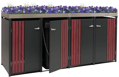 Mendler 4er-Mülltonnenverkleidung HWC-O67 - anthrazit Holzoptik dunkel | Mülltonnenbox, mit Pflanzkasten, Metall, 125x260x84cm, 95kg