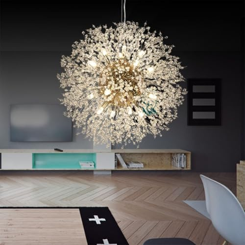 AIBOTY Moderner Kristall-Pusteblumen-Kronleuchter, runde hängende Pendelleuchte für Wohnzimmer Eingangsbereich Treppenhaus hohe Decken Goldener Feuerwerk-Esstisch-Lichtscheinwerfer,8 Heads