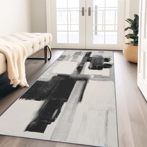 Generisch Waschbarer Läufer Teppich Flur 60 x 150 cm, Abstrakte Geometrie Farbblöcke Bettvorleger Küchen Wohnzimmer Schlafzimmer, Schwarz Weiß rutschfest Kurzflor Weich Flurläufer Teppichläufer