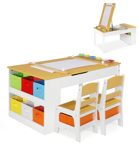GRAVFORCE Kindertisch mit 2 Stühlen Maltisch & Basteltisch Kinder mit anhebbarer Tischplatte Spieltisch Kinderzimmer mit Stauraum Farbbechern 8 Stoffbehältern für Kinder ab 3 Jahren (Natural)