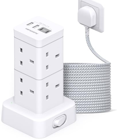 5M Extra Long Tower Extension Lead, 8 Way Outlets with 2 USB C Slots, White | Long Reach Surge Protected Power Strip, Heavy Duty Multi Plug, Extension Cable for Large Rooms, Conservatory