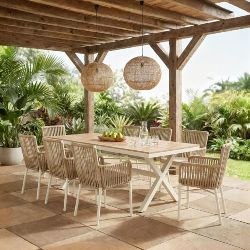 Gartenmöbel-Set AFUERA Tisch mit 8 Stühlen, Weiß/Champagner - Outdoor Essgruppe für bis zu 8 Personen, wetterfest und pflegeleicht, wasserabweisende Sitzkissen, ideal für Terrasse, Balkon und Garten