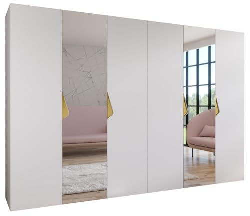 MEBLE KRYSPOL - Kleiderschrank - Garderobenschrank - 300 cm x 202 x 52 cm - Schrank mit Kleiderstange und Spiegel, 6 Türen - für Schlafzimmer, Flur - SANDI, Weiß, Griff Gold