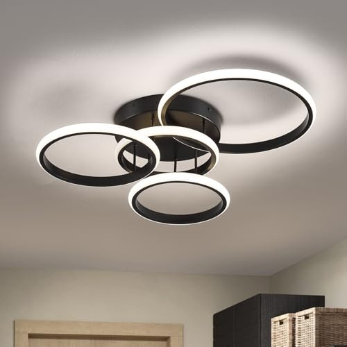 LED Deckenleuchte Moderne Schwarze Wohnzimmerlampe 53 cm Deckenlampe 60 W | Metall Deckenlampe 53 cm 4000 K 4-Ring Deckenleuchte Für Wohnzimmer,Schlafzimmer Und Küche