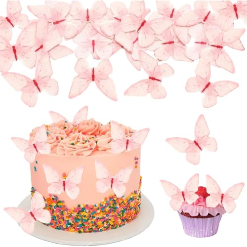 FIQLUL 48 Piezas Mariposas Comestibles para Tartas, Decoración Tarta de Oblea de Arroz Rosa, Adornos 3D Comestibles para Pasteles, Cumpleaños, Bodas y Fiestas, Papel de Arroz de Grado Alimenticio