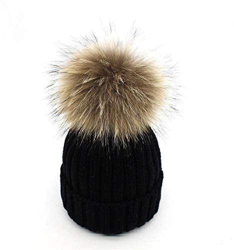 feifanshop Warm Mütze Pelz Bommel Echtpelz Waschbär Ski-Mütze Fellbommel Pelzbommel Raccoon (Schwarz)