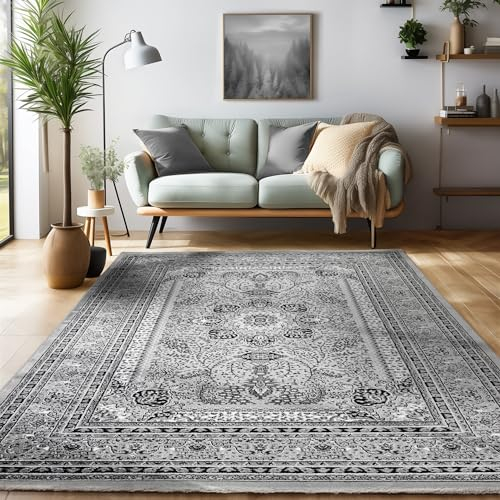 SIMPEX Orientalischer Teppich Wohnzimmer, Schlafzimmer, Esszimmer, Läufer, Flur Boho Teppich Kurzflor Weich 12 mm Carpet Orient, Grau, 120 x 170 cm