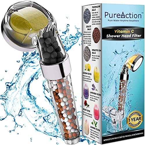 PureAction Pomme de douche à la vitamine C avec tuyau et filtres de rechange – Adoucisseur d'eau dure – Filtre au chlore et au fluorure – Pomme de douche filtrée purifiante avec perles – Aide la peau